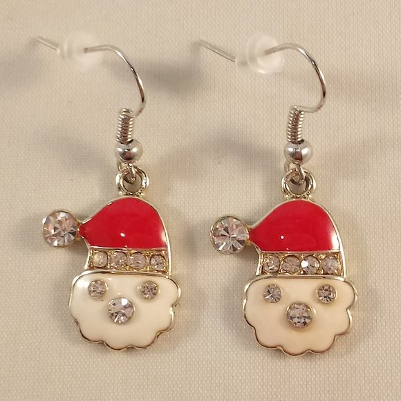 Silver Snowman Santa Hat Crystal Christmas Dangle Earrings New Holiday Festive - Picture 2 of 2